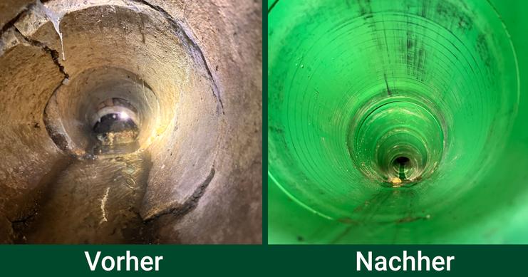 Zwei Rohrinnenansichten: links stark beschädigt und verschmutzt, rechts sauber und intakt in grünem Kunststoff.