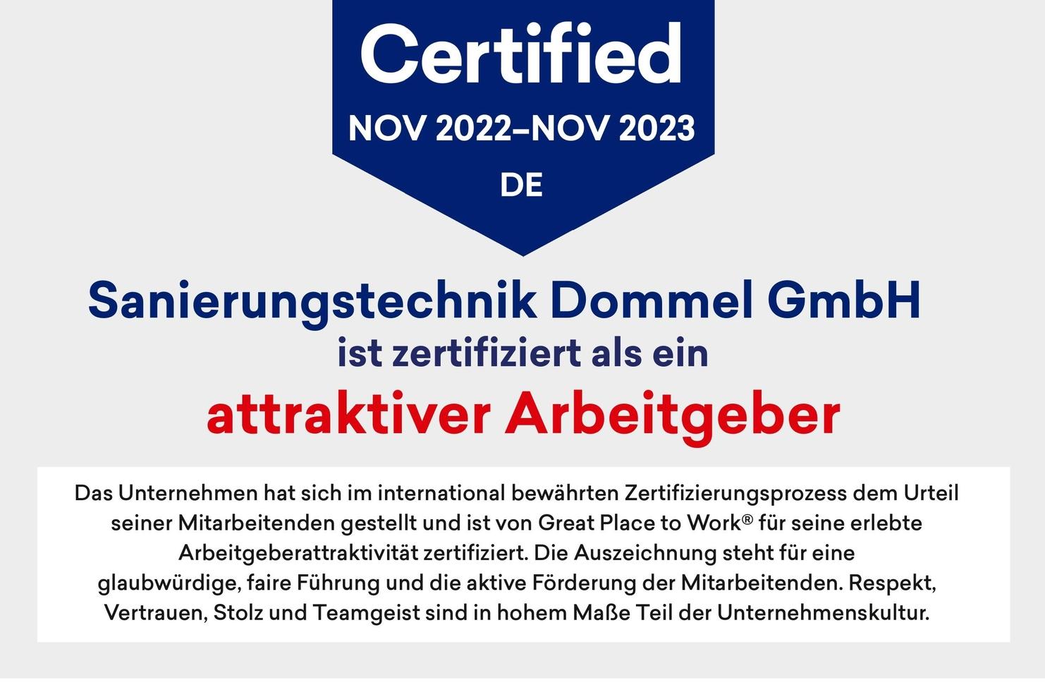 Zertifikat von Great Place to Work für Sanierungstechnik Dommel GmbH, gültig von November 2022 bis November 2023.