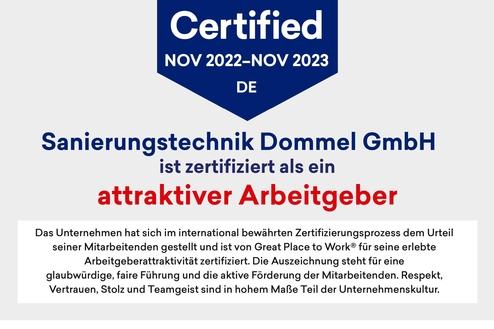 Zertifikat von Great Place to Work für Sanierungstechnik Dommel GmbH, gültig von November 2022 bis November 2023.