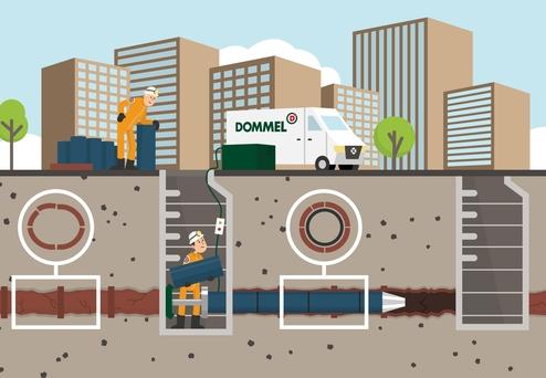 Zwei Arbeiter in Schutzkleidung arbeiten an unterirdischen Rohren, während ein Lieferwagen im Hintergrund parkt.