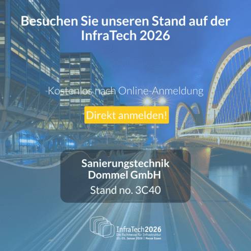 Werbung für de Stand von Sanierungstechnik Dommel GmbH auf der Messe InfraTech 2026 mit Kontaktdaten.