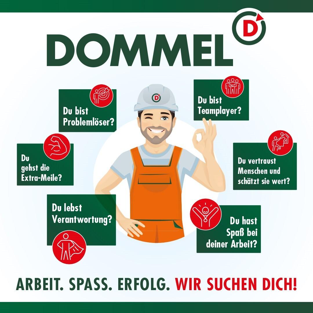 Illustration eines lächelnden Arbeiters in orangefarbener Latzhose mit Fragen zur Mitarbeit in einem Unternehmen um ihn herum.