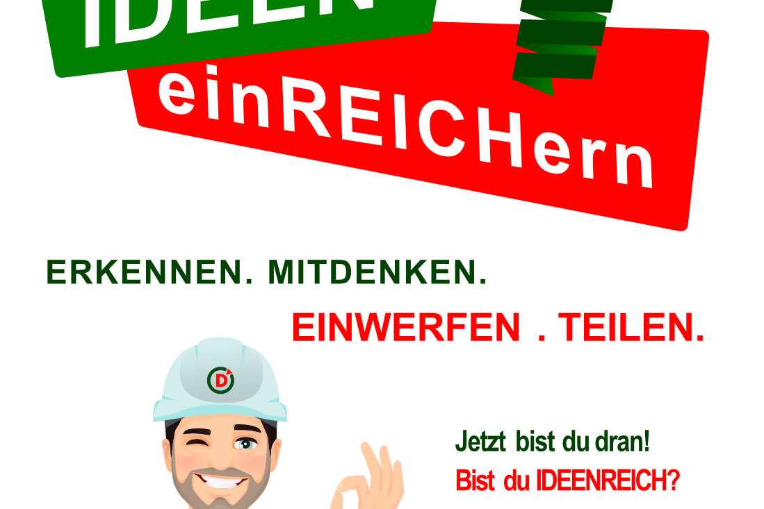 Grafik mit einem lächelnden Bauarbeiter, der mit Daumen hoch auf eine Aktion zur Ideeneinreichung hinweist. Text in verschiedenen Farben.