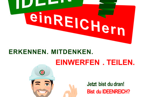 Grafik mit einem lächelnden Bauarbeiter, der mit Daumen hoch auf eine Aktion zur Ideeneinreichung hinweist. Text in verschiedenen Farben.