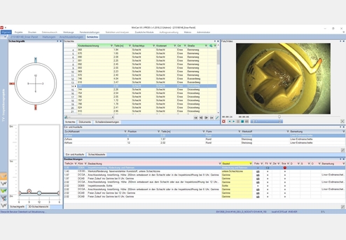Benutzeroberfläche einer Software zur Schachtsanierung mit Daten und Videoaufnahme des inneren Schachtes.