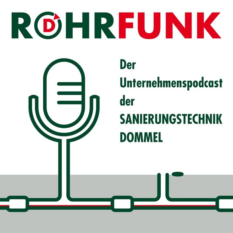 Logo des Podcasts "RohrFunk" mit Mikrofon-Illustration und Text über Sanierungstechnik Dommel. Hintergrund hellgrau.