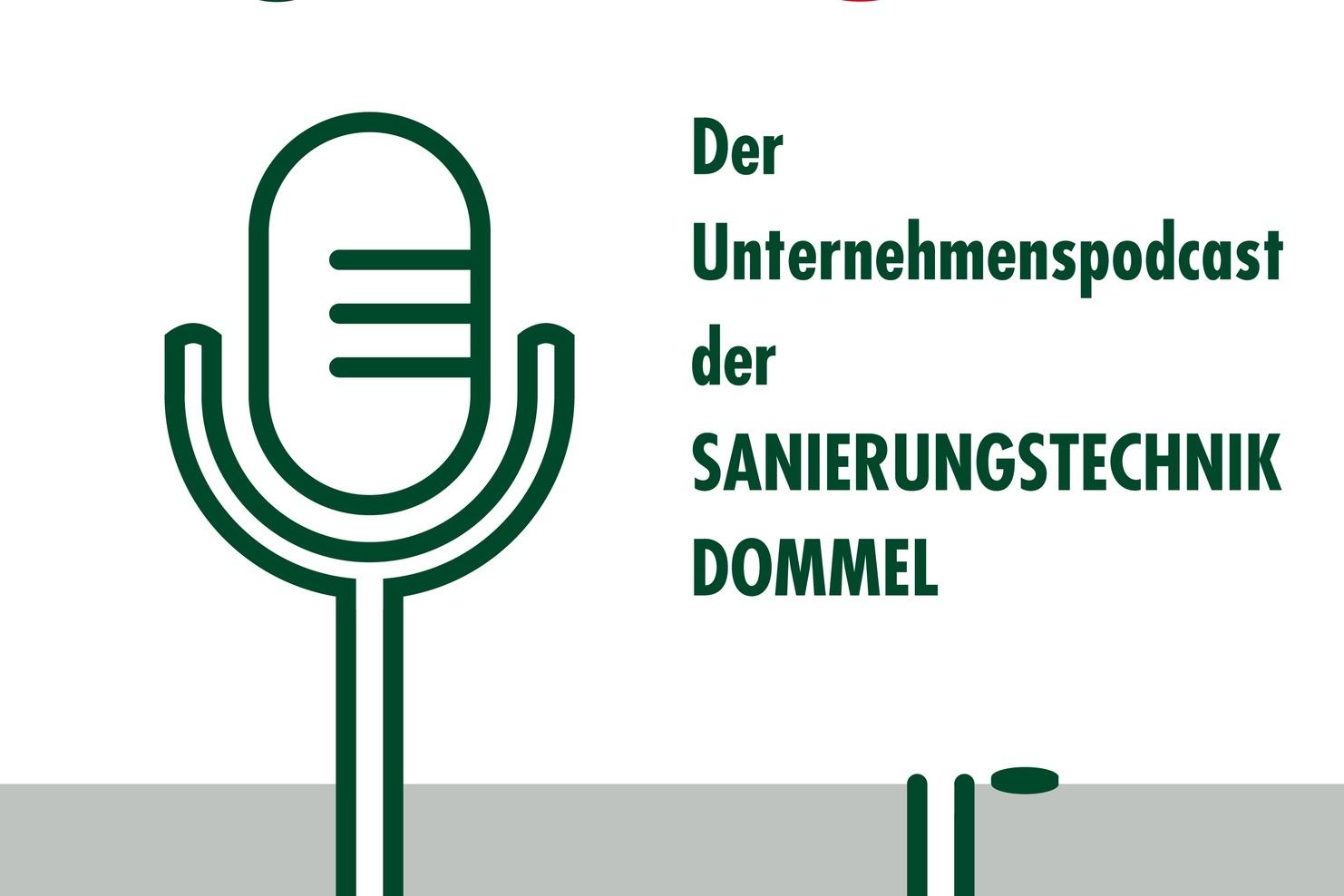 Logo des Podcasts "RohrFunk" mit Mikrofon-Illustration und Text über Sanierungstechnik Dommel. Hintergrund hellgrau.