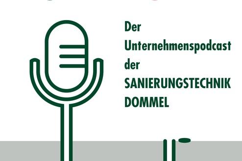 Logo des Podcasts "RohrFunk" mit Mikrofon-Illustration und Text über Sanierungstechnik Dommel. Hintergrund hellgrau.
