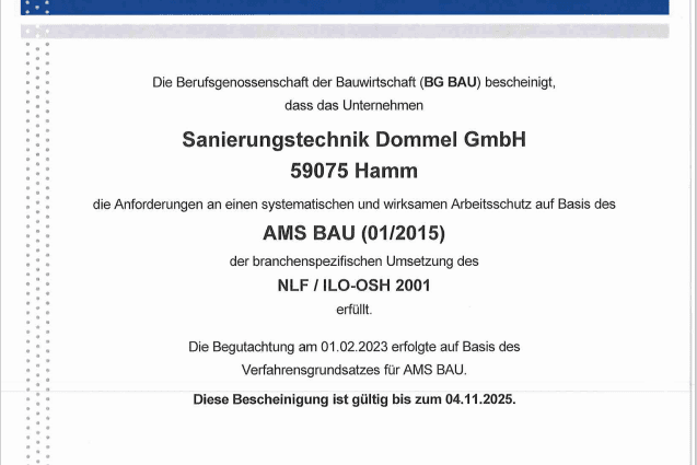 Zertifikat der BG BAU für Sanierungstechnik Dommel GmbH, gültig bis 04.11.2025, bestätigt Arbeitsschutzanforderungen.