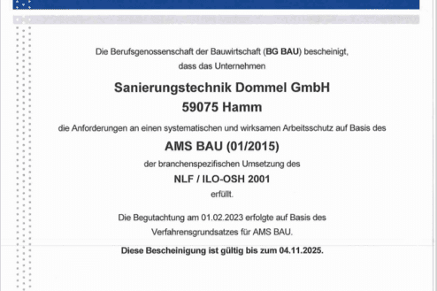 Zertifikat der BG BAU für Sanierungstechnik Dommel GmbH, gültig bis 04.11.2025, bestätigt Arbeits­schutzanforderungen.