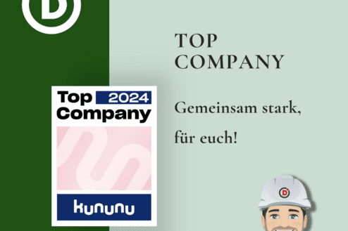 Logo von Dommel, Kununu-Badge "Top Company 2024" und ein lächelnder Handwerker in orangefarbener Arbeitskleidung.
