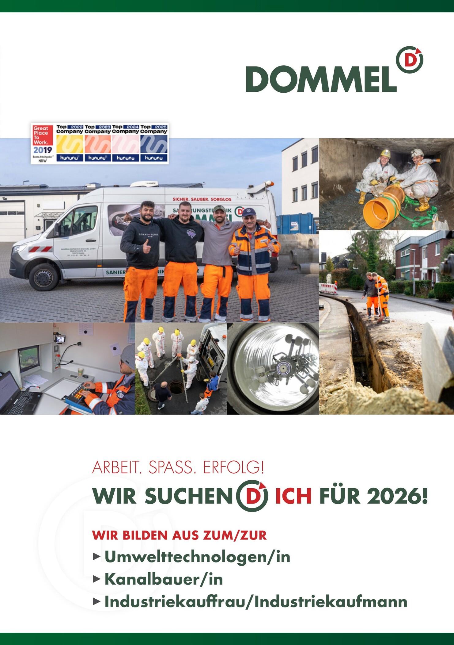 Bildercollage mit einer Gruppe von Arbeitern, einem Firmenfahrzeug und Szenen aus dem Arbeitsalltag der Firma Dommel.