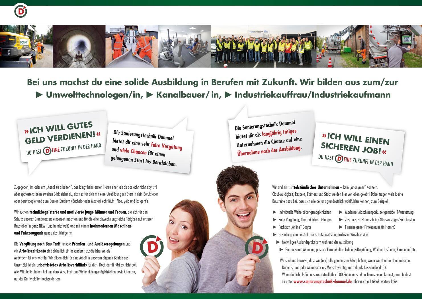 Infografik zur Ausbildung bei der Sanierungstechnik Dommel mit Informationen zu Berufen, Vorteilen und Testimonials von Mitarbeitern.
