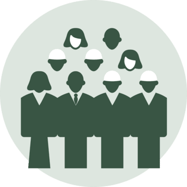 Grafik mit mehreren stilisierten menschlichen Figuren, darunter M&auml;nner und Frauen, in einem runden Hintergrund.