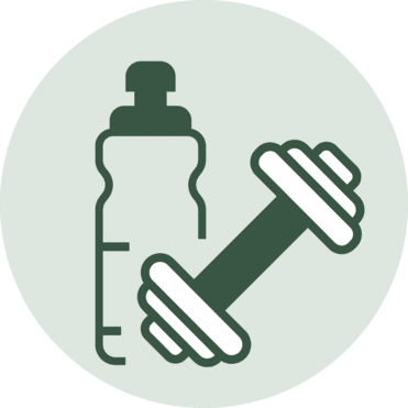 Wasserflasche und Hantel in einem runden, mintgr&uuml;nen Icon-Design.