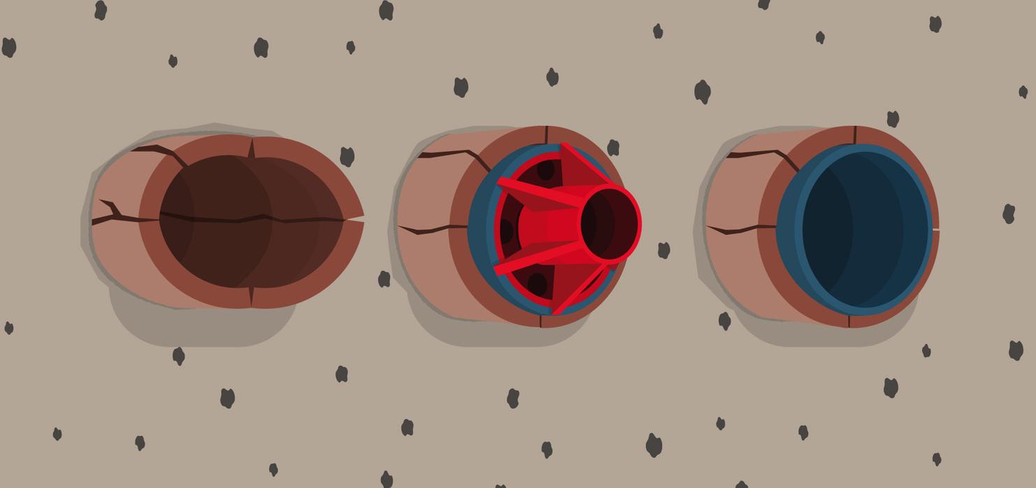 Drei Rohröffnungen in unterschiedlichem Zustand auf einem grauen Untergrund mit kleinen Flecken.