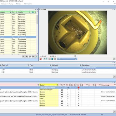 Screenshot einer Software zur Inspektion von Schächten mit Diagramm und Datentabelle über Schachtinformationen.