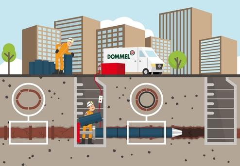 Zwei Arbeiter in orangefarbenen Anzügen arbeiten an einer Untergrundleitung in einer urbanen Umgebung mit Gebäuden.