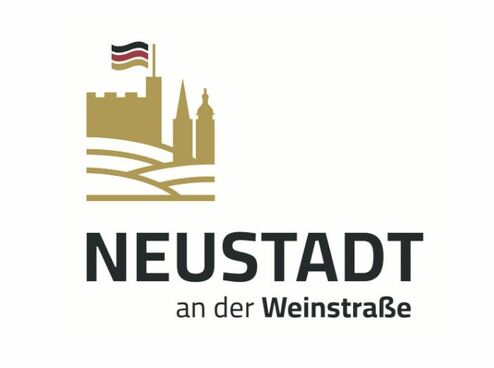 Logo von Neustadt an der Weinstraße mit einer stilisierten Burg und Gebäuden sowie einer Flagge.