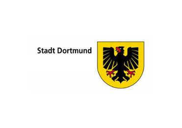 Stadtwappen Dortmund: Schwarzer Adler auf gelbem Hintergrund, daneben der Schriftzug „Stadt Dortmund“.