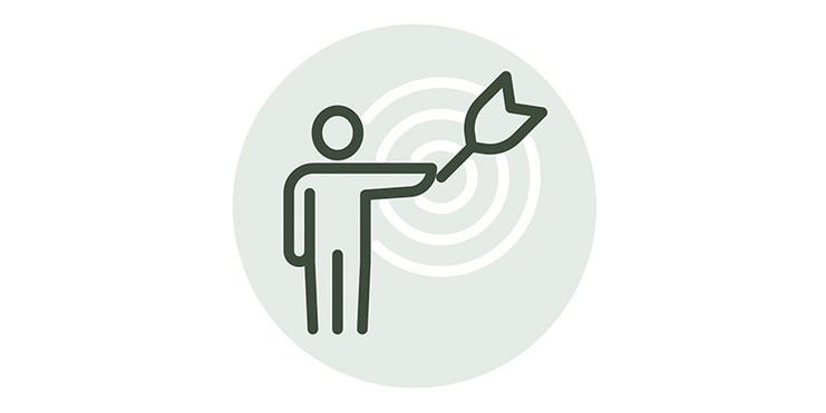 Symbol eines stehenden Menschen, der einen Pfeil auf eine spiralförmige Zielscheibe zeigt.