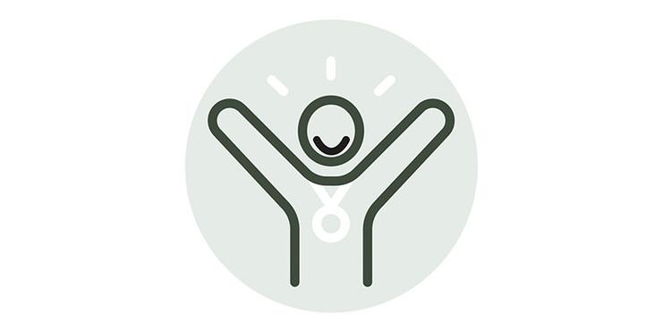 Symbol eines jubelnden Menschen mit ausgestreckten Armen und Medaille, umgeben von einem runden Hintergrund.
