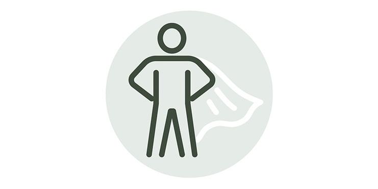 Ikonische Darstellung einer stehenden Figur mit Umhang, symbolisierend Stärke und Heldentum auf einem runden Hintergrund.