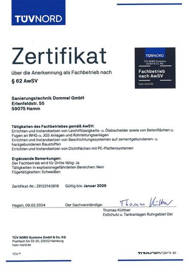Zertifikat der Sanierungstechnik Dommel GmbH über die Anerkennung als Fachbetrieb nach § 62 AwSV, gültig bis Januar 2026.