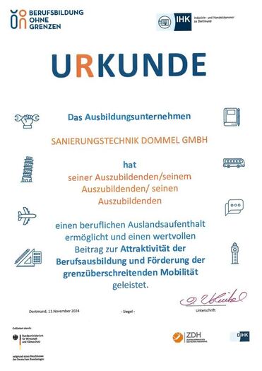 Urkunde für Sanierungstechnik Dommel GmbH über erfolgreichen beruflichen Auslandaufenthalt zur Förderung der Mobilität.