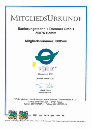 Mitgliedsurkunde der Sanierungstechnik Dommel GmbH, datiert Januar 2017, mit Unterschrift von Ralph Sluke.