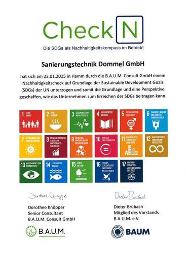 Zertifikat des Unternehmens Sanierungstechnik Dommel GmbH für den Nachhaltigkeitscheck gemäß UN-Nachhaltigkeitszielen.