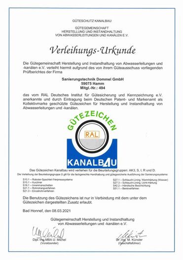 Verleihungsurkunde der Gütegemeinschaft Kanalbau mit RAL-Gütezeichen für Sanierungstechnik Dommel GmbH.