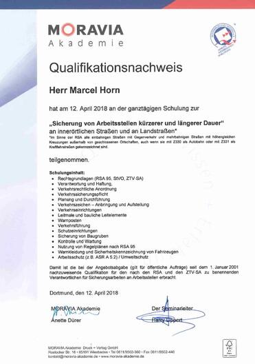 Qualifikationsnachweis für Marcel Horn von der MORAVIA Akademie über Schulung zur Sicherung von Arbeitsstellen, April 2018.
