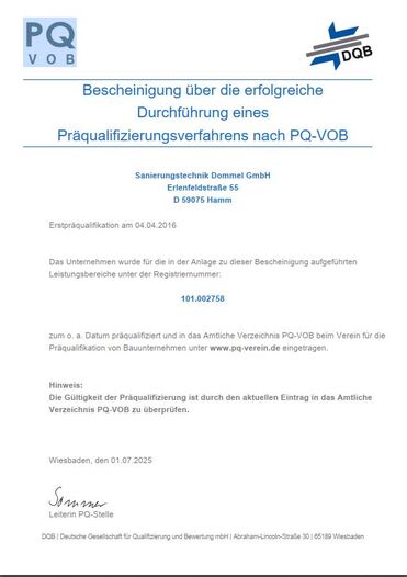Zertifikat über die erfolgreiche Durchführung eines Präqualifizierungsverfahrens für die Sanierungstechnik Dommel GmbH.