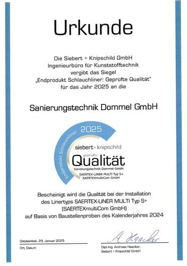 Urkunde der Siebert + Knipschild GmbH, die Sanierungstechnik Dommel GmbH für geprüfte Qualität im Jahr 2025 auszeichnet.