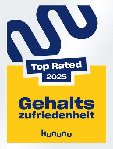 Logo von kununu für "Top Rated 2025" mit dem Text "Gehaltszufriedenheit" in Blau und Gelb auf grauem Hintergrund.